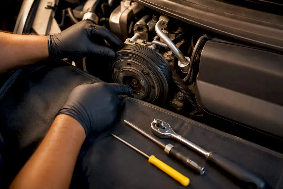 Technician inspecting an AC compressor clutch