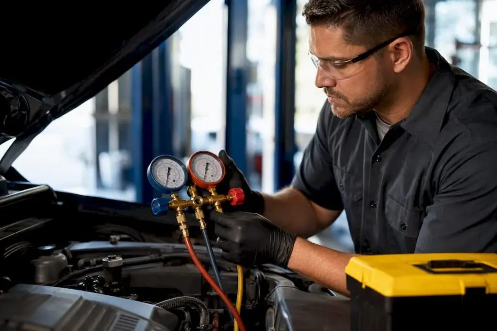 Technician checking automotive AC pressure gauges