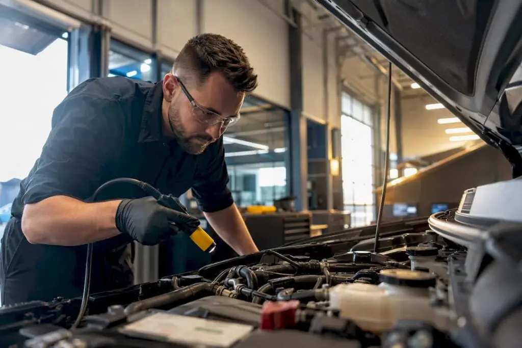 Technician diagnosing anonymous car AC system