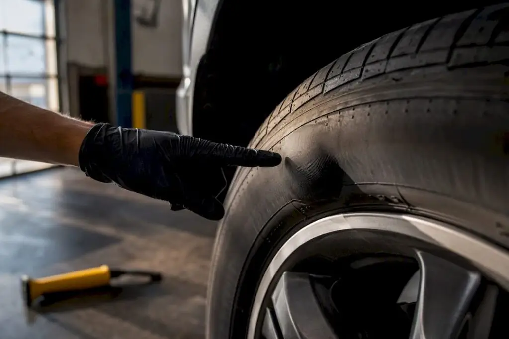 Technician examining a bulging tire sidewall