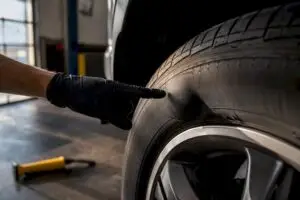 Technician examining a bulging tire sidewall