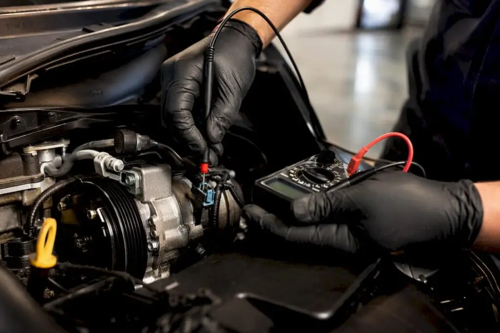 Technician testing an AC compressor connector