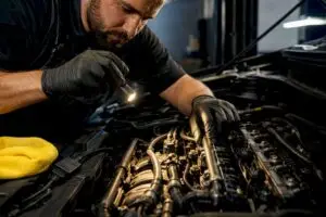 Technician inspecting anonymous fuel system components