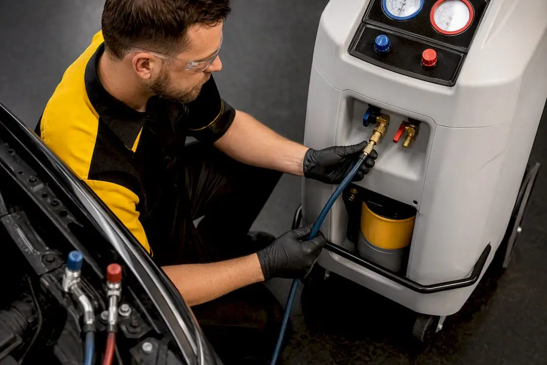Technician safely handling refrigerant recovery equipment