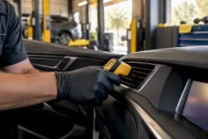 Technician checking vehicle air conditioning airflow
