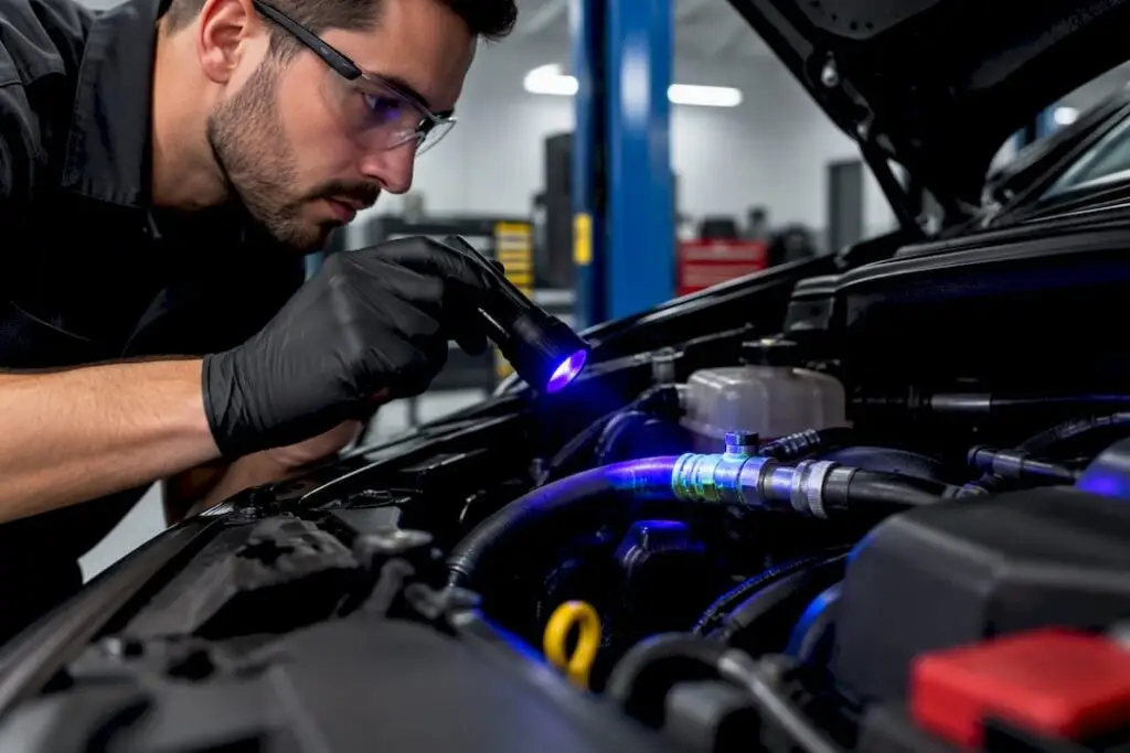 Technician inspecting an automotive AC refrigerant leak