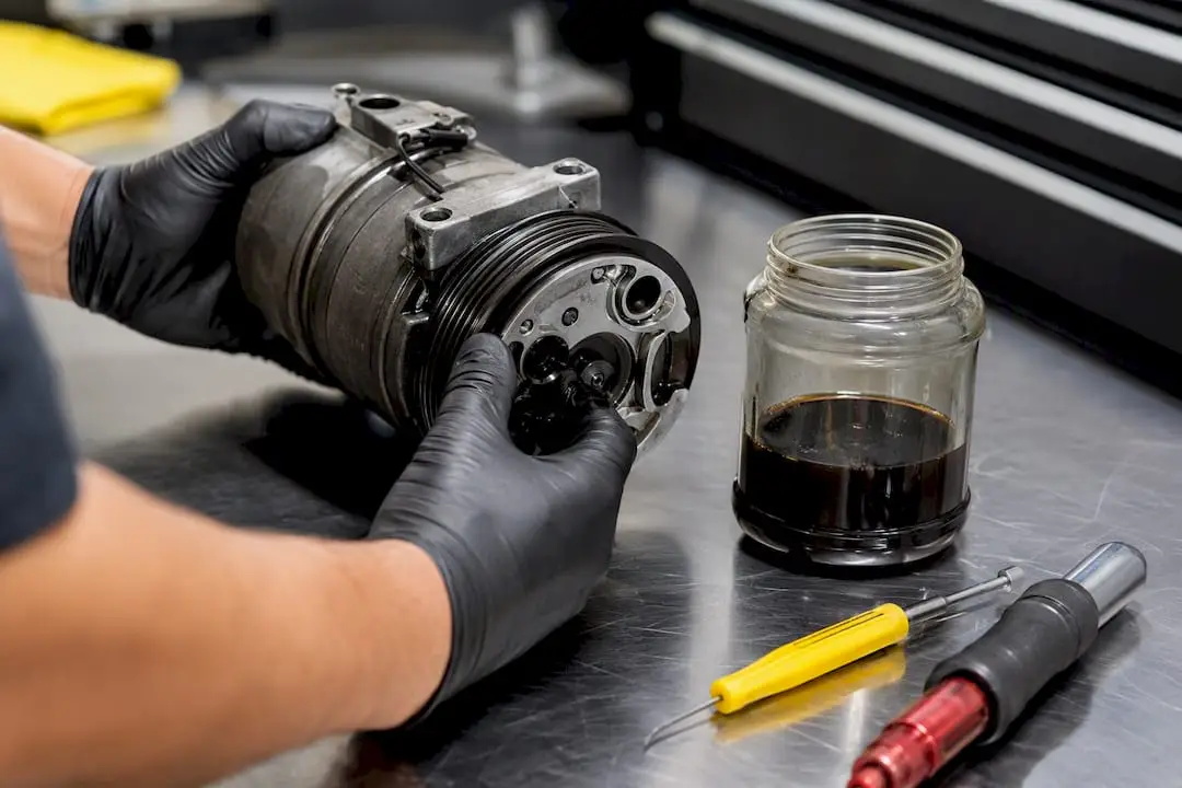 Technician examining contaminated AC compressor oil
