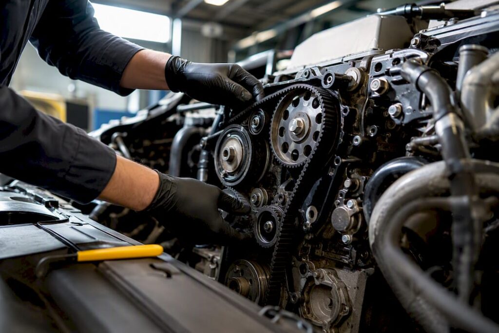 Technician inspecting exposed timing belt