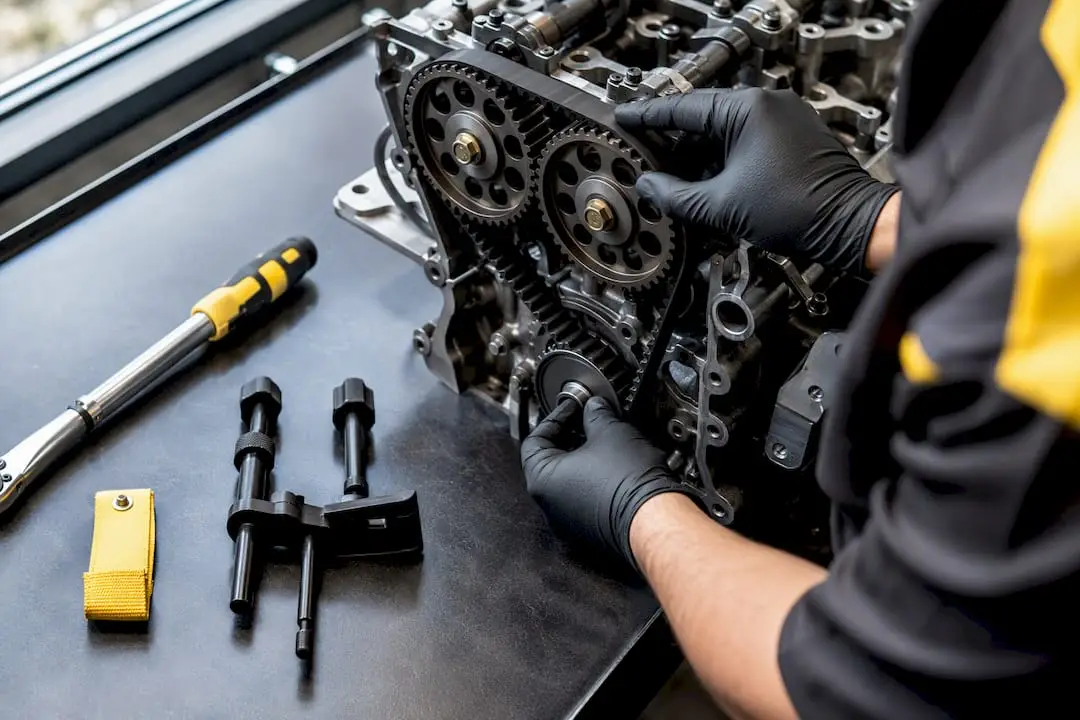 Timing tools aligned beside engine components