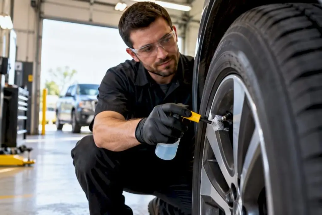 Technician checking tire valve for air leak