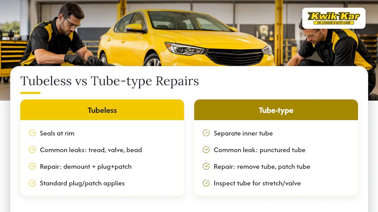 Differences in repair approaches and safety considerations for tubeless versus tube-type tires — overview diagram