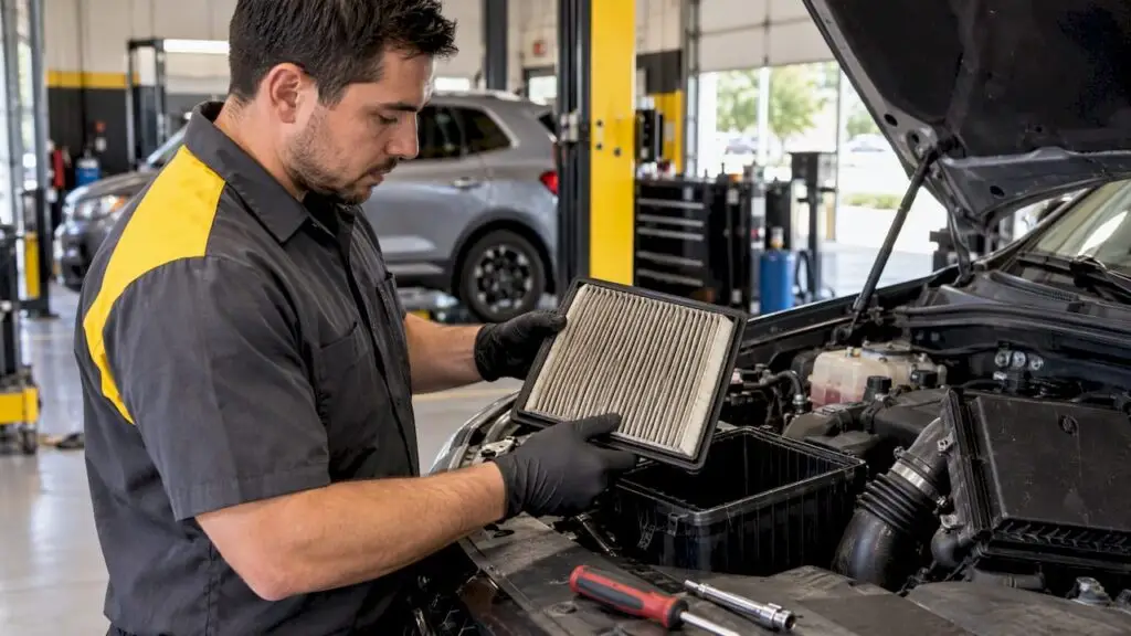 Technician inspecting a pleated engine air filter
