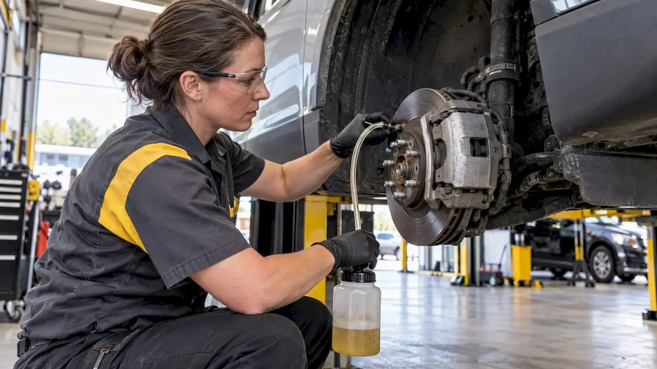 Technician flushing vehicle brake fluid