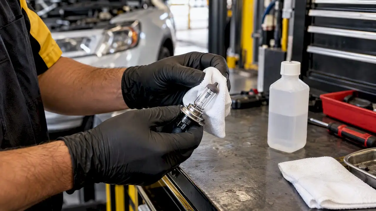 Gloved hands cleaning halogen bulb glass