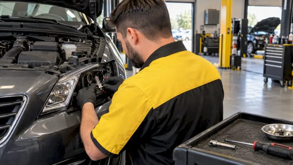 Technician replacing a halogen headlight bulb