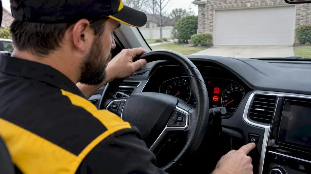 Technician checking vehicle brake warning indicators