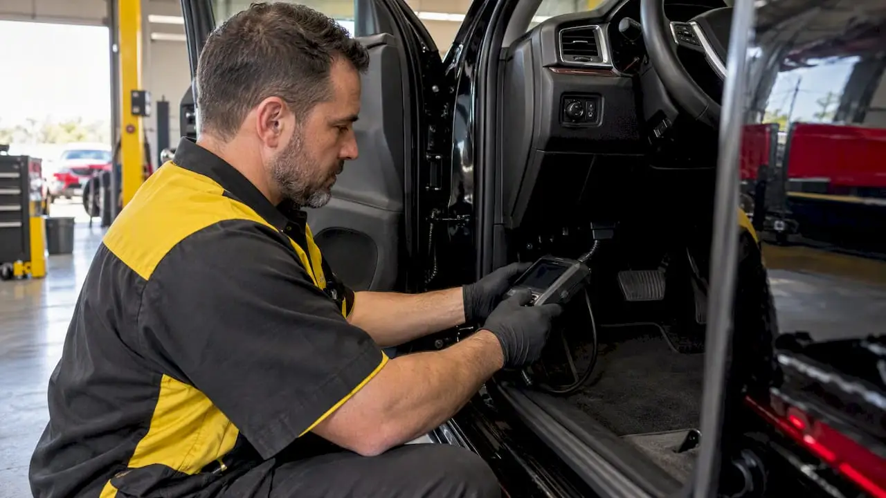 Technician using scan tool for brake diagnostics