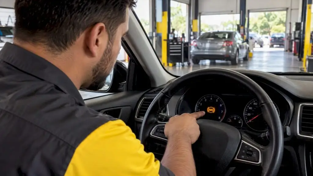 Technician checking illuminated ABS warning indicator