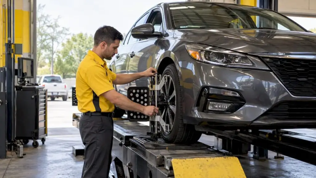 Technician inspecting a car on an alignment rack