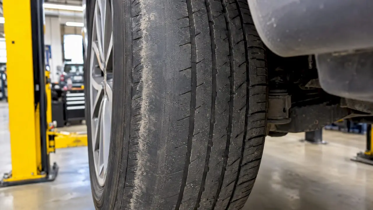 Uneven wear visible on mounted tire tread